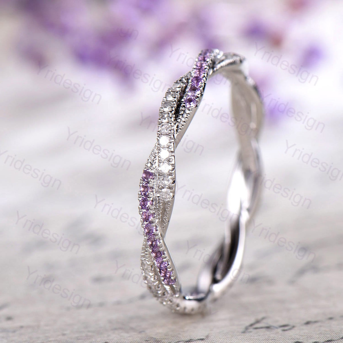 Amethyst Diamond Wedding Band, White Gold Eternity Twisted Ring
