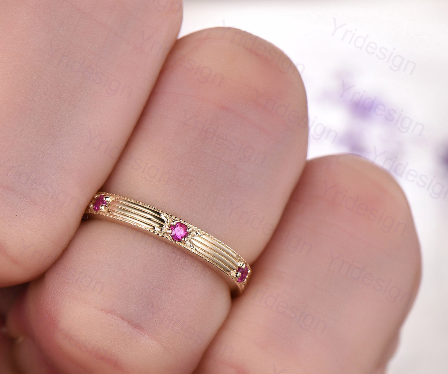 Vintage Ruby Wedding Band Filigree Milgrain Edge, Floral Design, Antique Promise Bridal Ring, July Birthstone Stacking Ring Anniversary Gift