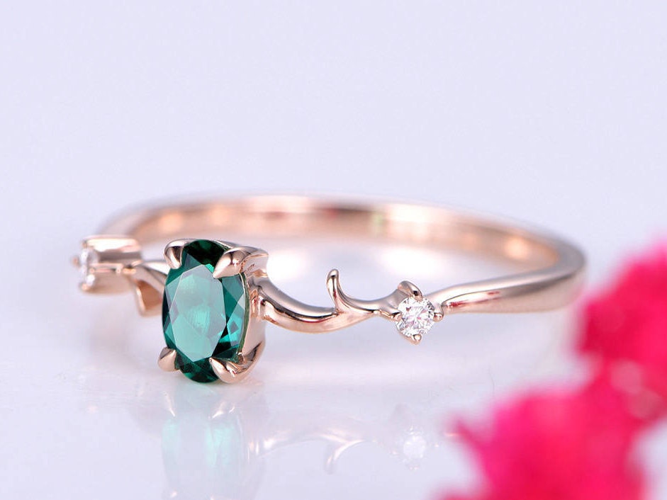 0.45ct emerald ring lab emerald engagement ring 4x6mm oval cut green stone diamond  band 14k rose gold anniversary ring custome jewelry