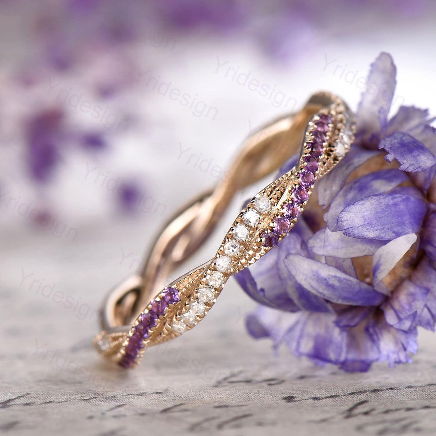 Amethyst Diamond Wedding Band, White Gold Eternity Twisted Ring