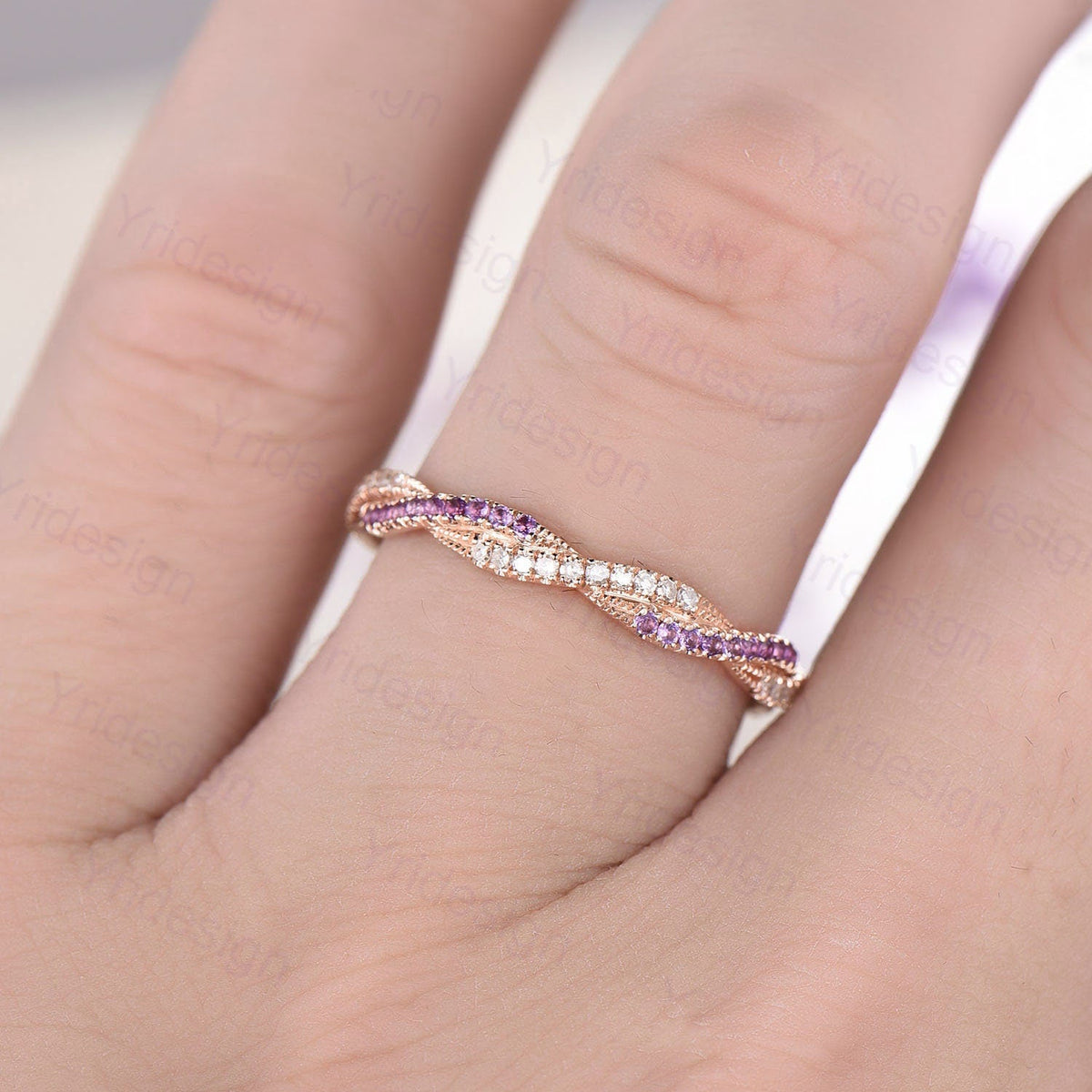 Amethyst Diamond Wedding Band, White Gold Eternity Twisted Ring