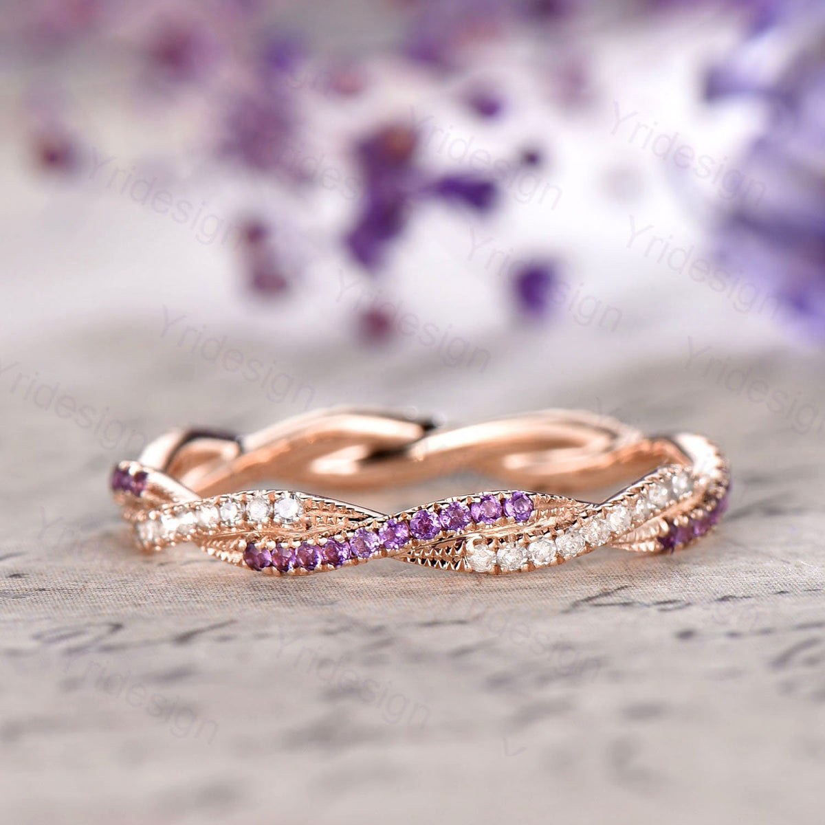 Amethyst Diamond Wedding Band, White Gold Eternity Twisted Ring