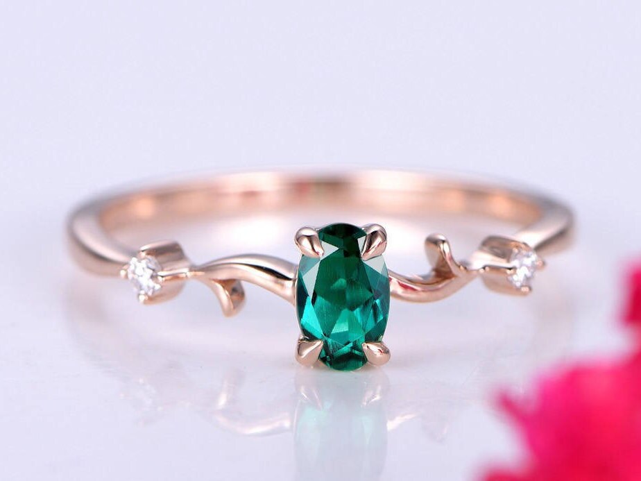 0.45ct emerald ring lab emerald engagement ring 4x6mm oval cut green stone diamond  band 14k rose gold anniversary ring custome jewelry