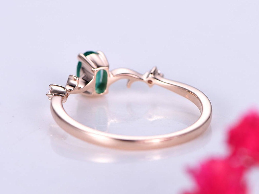 0.45ct emerald ring lab emerald engagement ring 4x6mm oval cut green stone diamond  band 14k rose gold anniversary ring custome jewelry