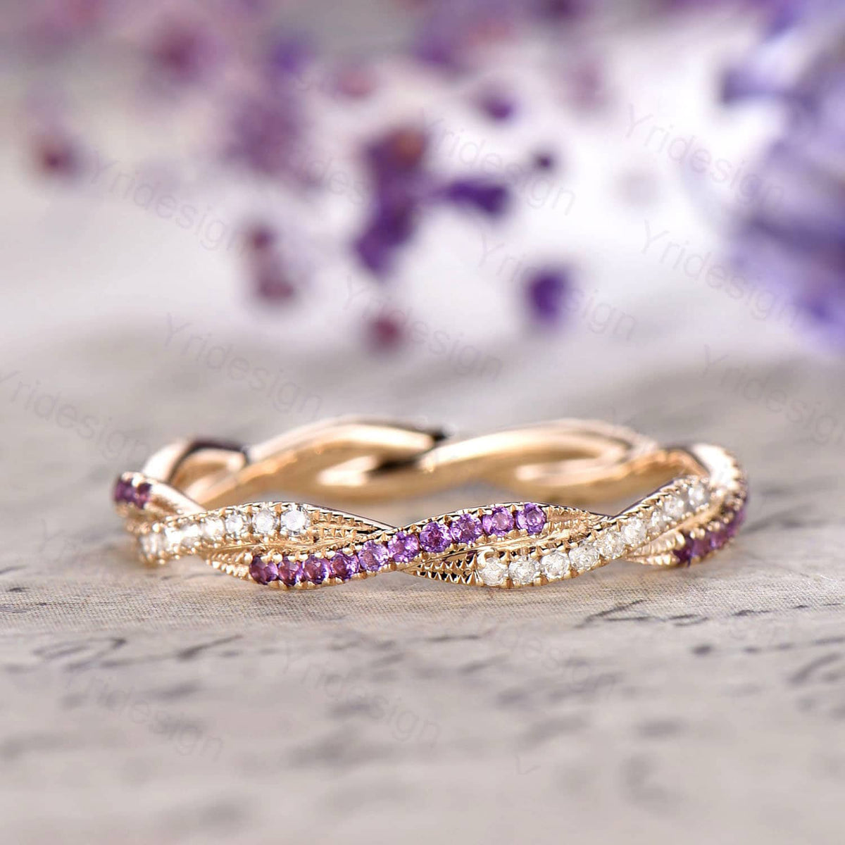 Amethyst Diamond Wedding Band, White Gold Eternity Twisted Ring
