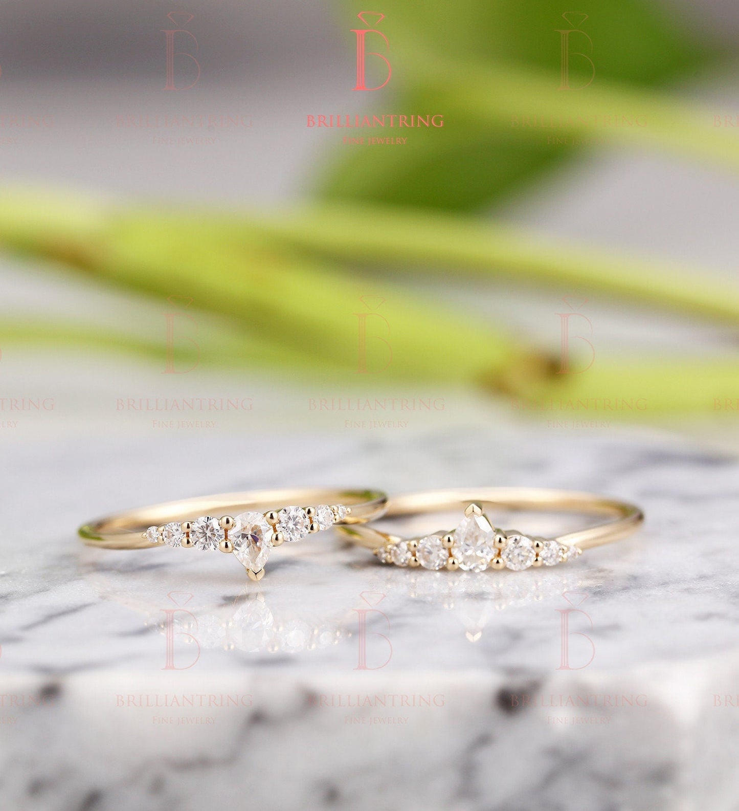 Moissanite wedding ring set woman solid gold ring Vintage Bridal Set Jewelry Antique Pear shaped crown dainty  Anniversary Gift for her