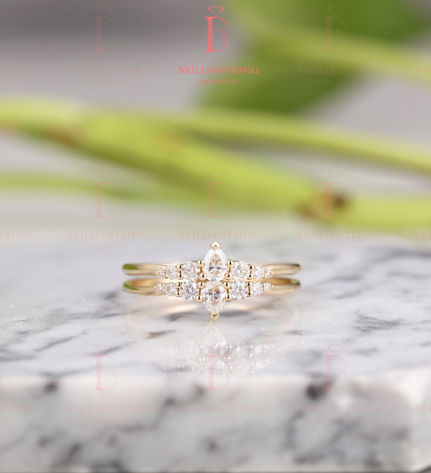 Moissanite wedding ring set woman solid gold ring Vintage Bridal Set Jewelry Antique Pear shaped crown dainty  Anniversary Gift for her