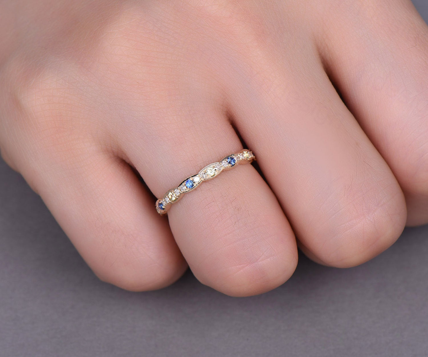 Sapphire peridot diamond wedding ring band solid 14K 18k yellow gold full eternity diamond stacking matching band art deco engagement  ring