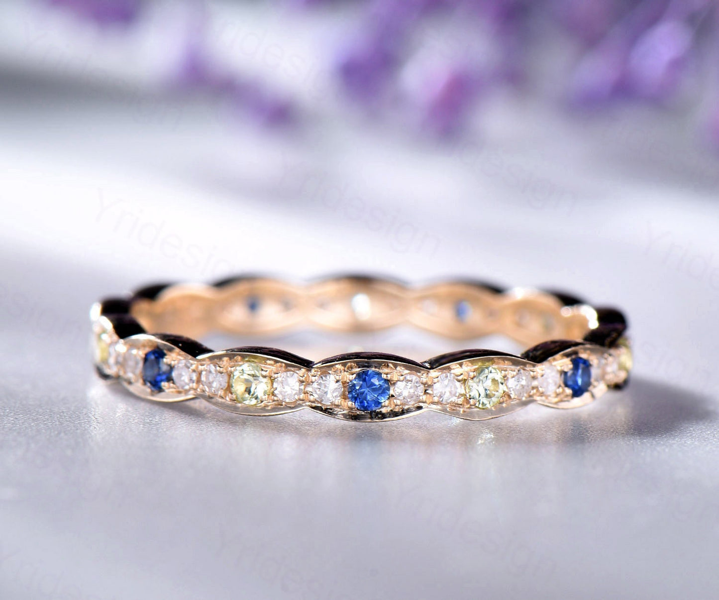 Sapphire peridot diamond wedding ring band solid 14K 18k yellow gold full eternity diamond stacking matching band art deco engagement  ring