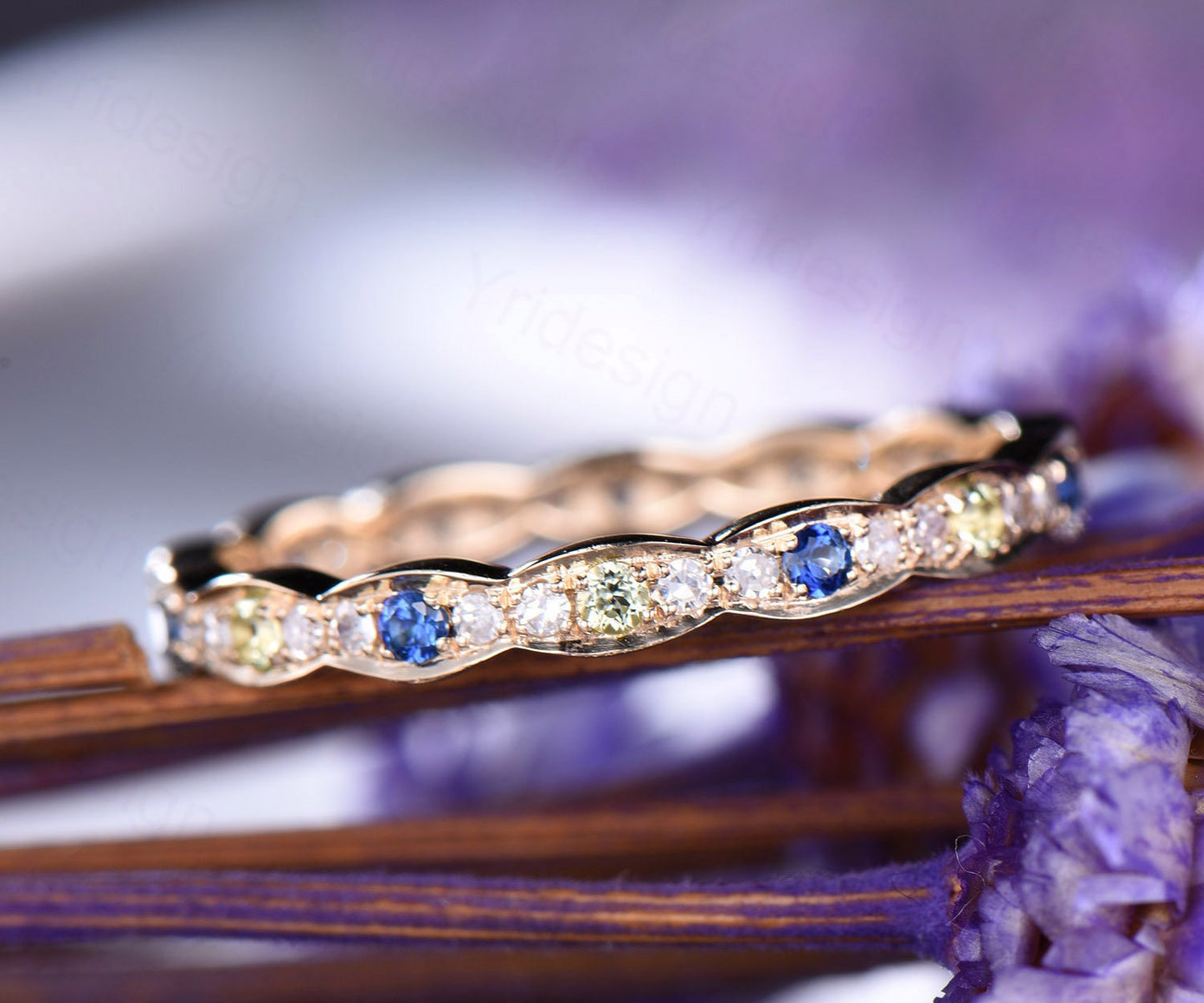 Sapphire peridot diamond wedding ring band solid 14K 18k yellow gold full eternity diamond stacking matching band art deco engagement  ring