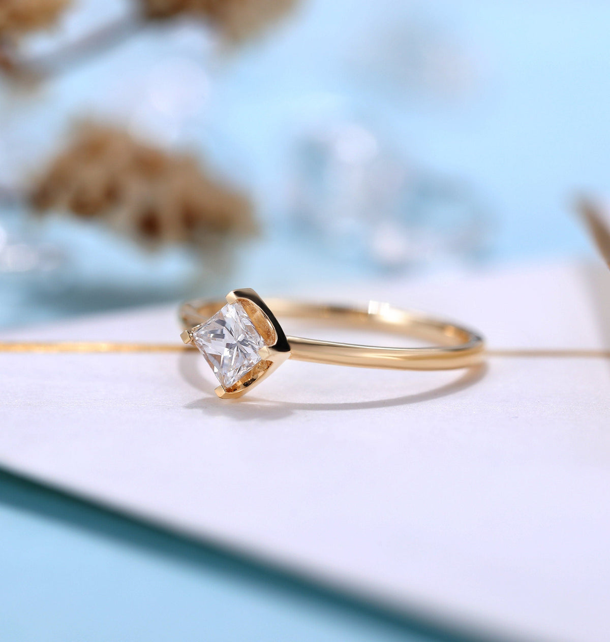 Vintage Diamond Engagement Ring Women | Delicate wedding ring Princess cut Yellow gold | Solitaire Bridal jewelry | Anniversary gift for her