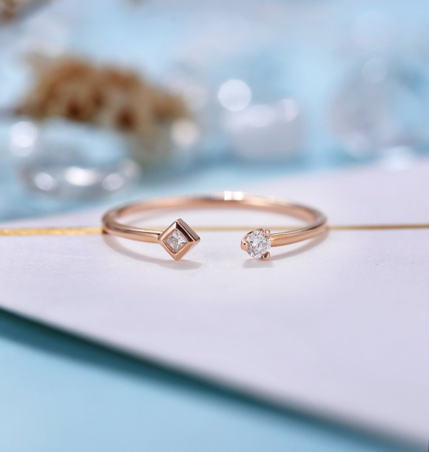 Diamond Engagement Ring rose gold women | delicate open princess cut ring | unique wedding ring | Bridal jewelry | Anniversary gift for her