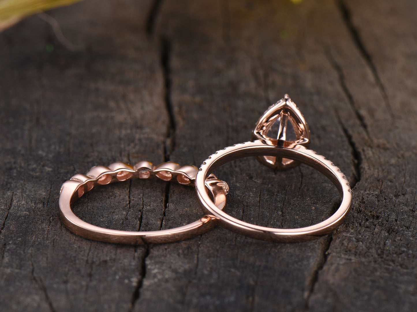 Vintage Pear Rainbow Moonstone Ring Set, 14K Rose Gold, Diamond Wedding Band