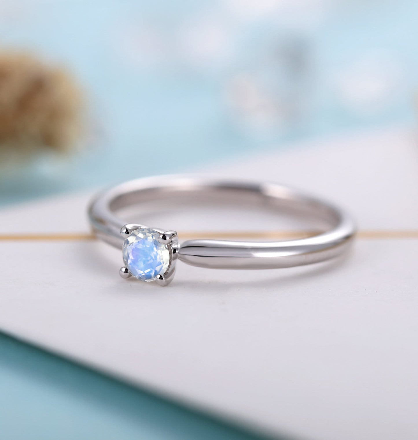 Moonstone Engagement ring white gold women | Solitaire Bridal ring | Unique wedding jewelry | Vintage promise ring anniversary gift for her