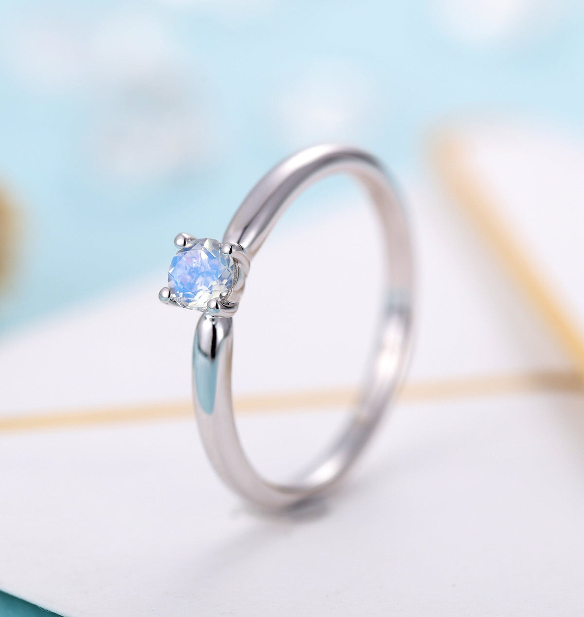 Moonstone Engagement ring white gold women | Solitaire Bridal ring | Unique wedding jewelry | Vintage promise ring anniversary gift for her