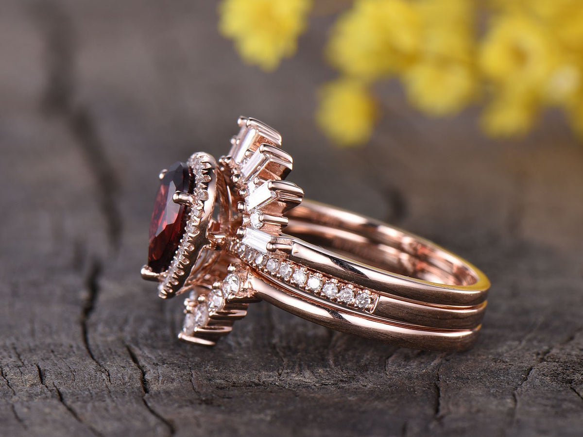 Art Deco Moonstone Engagement Ring Set, Rose Gold Antique Style