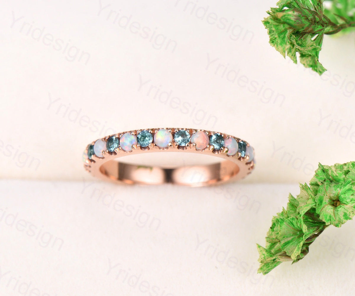 Vintage opal and alexandrite wedding band delicate silver rose gold opal alexandrite stacking band art deco anniversary promise gift