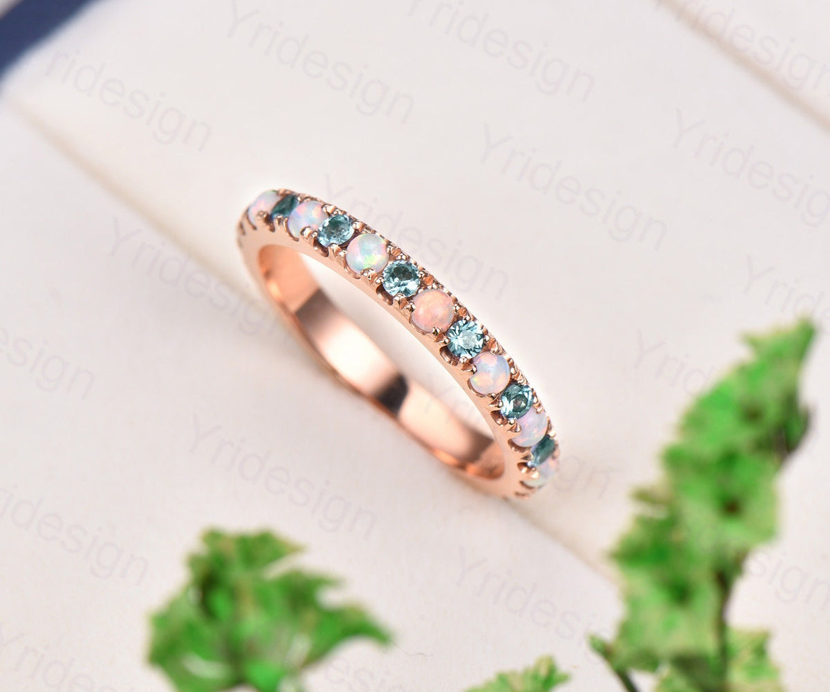 Vintage opal and alexandrite wedding band delicate silver rose gold opal alexandrite stacking band art deco anniversary promise gift