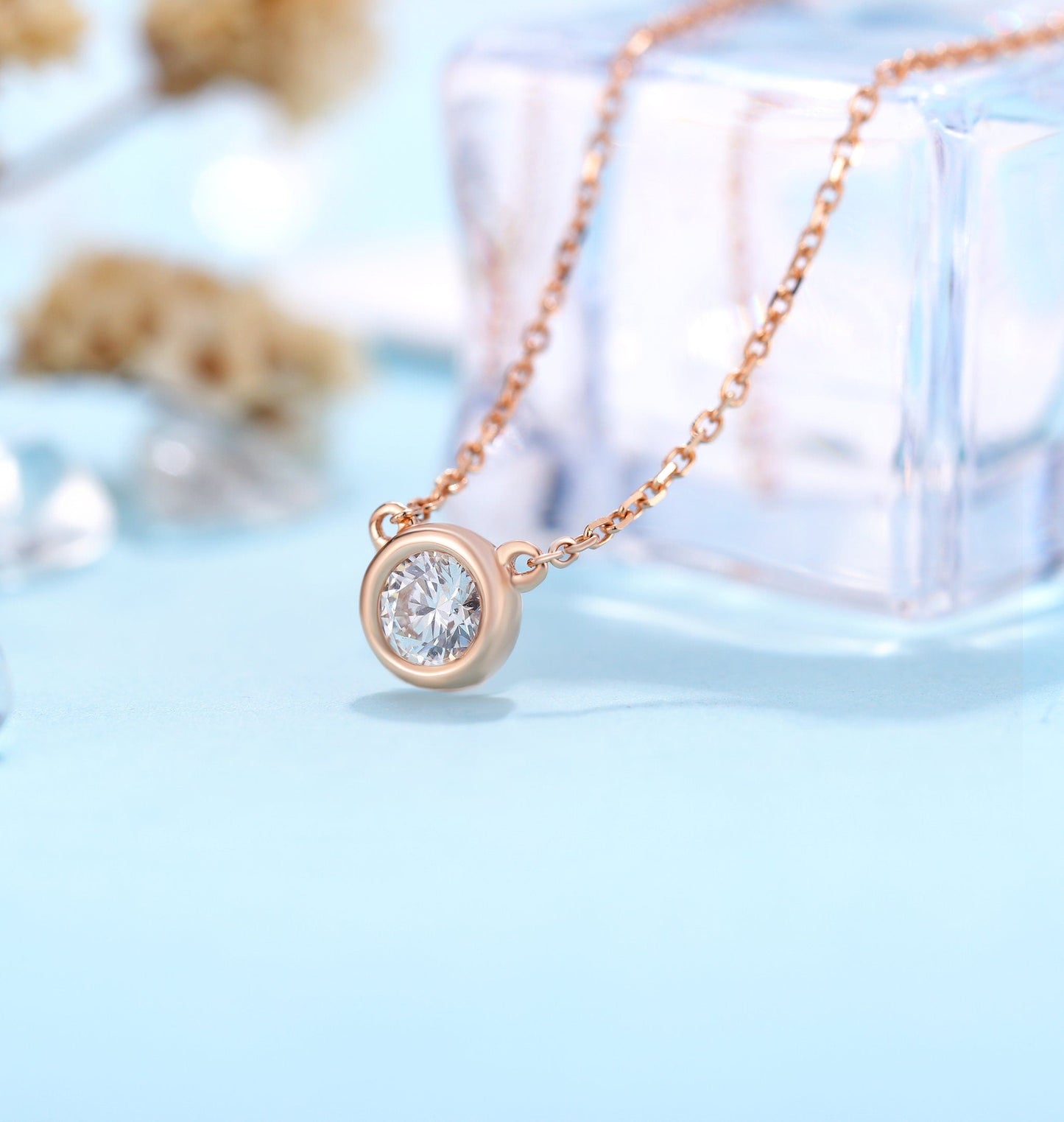 Diamond solitaire necklace women | Delicate Solitaire Necklace | Unique Jewelry | 14k Solid gold necklace | Anniversary gift for her