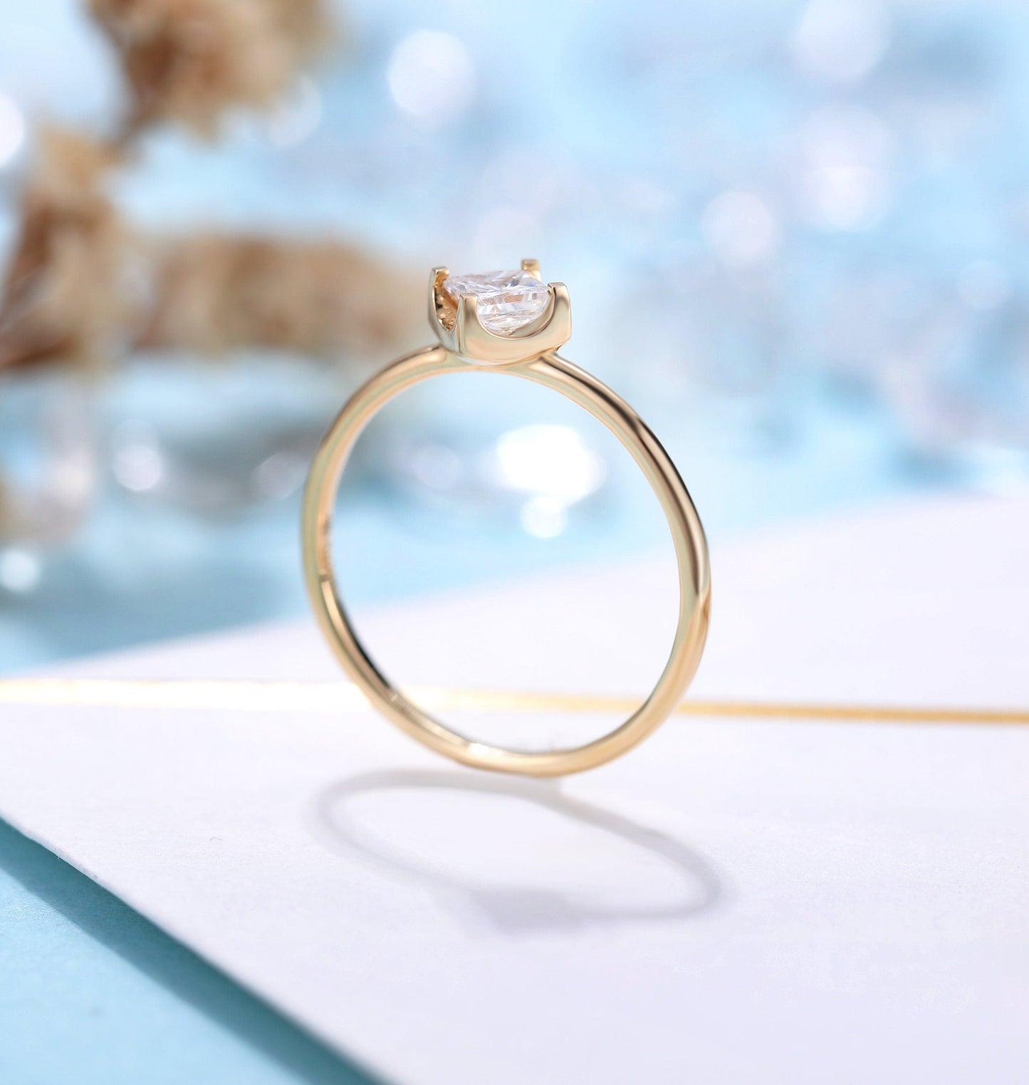 Vintage Diamond Engagement Ring Women | Delicate wedding ring Princess cut Yellow gold | Solitaire Bridal jewelry | Anniversary gift for her