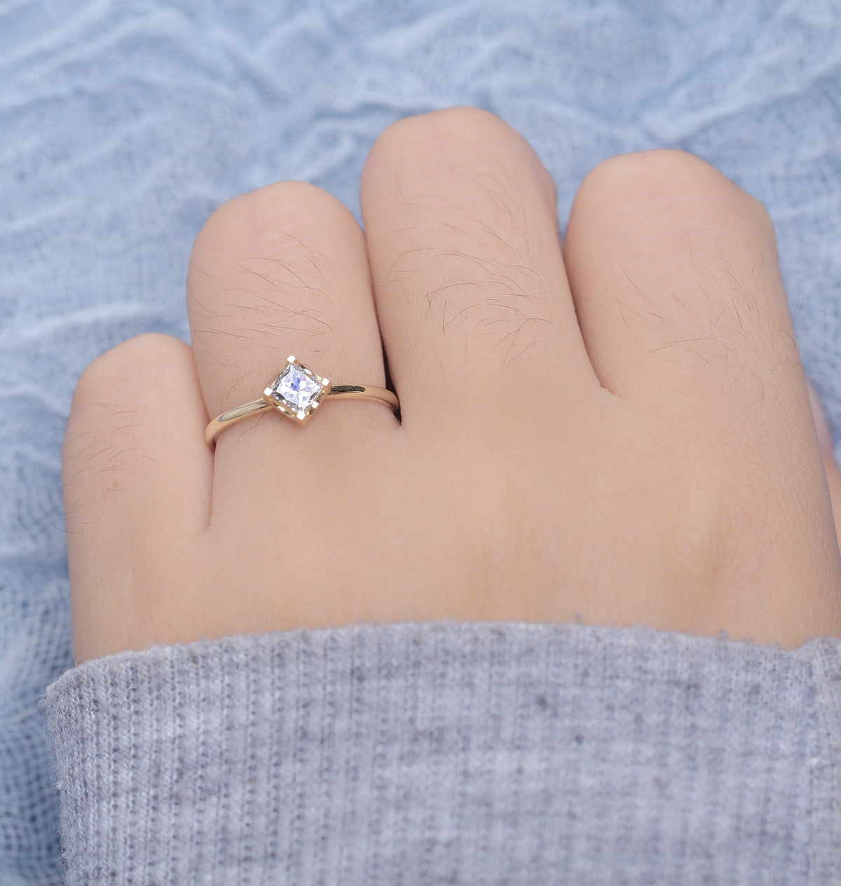 Vintage Diamond Engagement Ring Women | Delicate wedding ring Princess cut Yellow gold | Solitaire Bridal jewelry | Anniversary gift for her