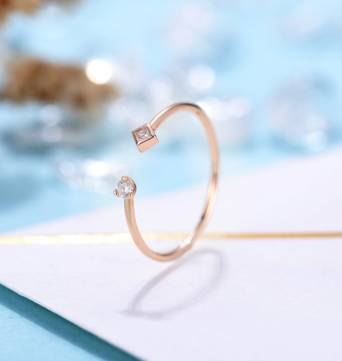 Diamond Engagement Ring rose gold women | delicate open princess cut ring | unique wedding ring | Bridal jewelry | Anniversary gift for her