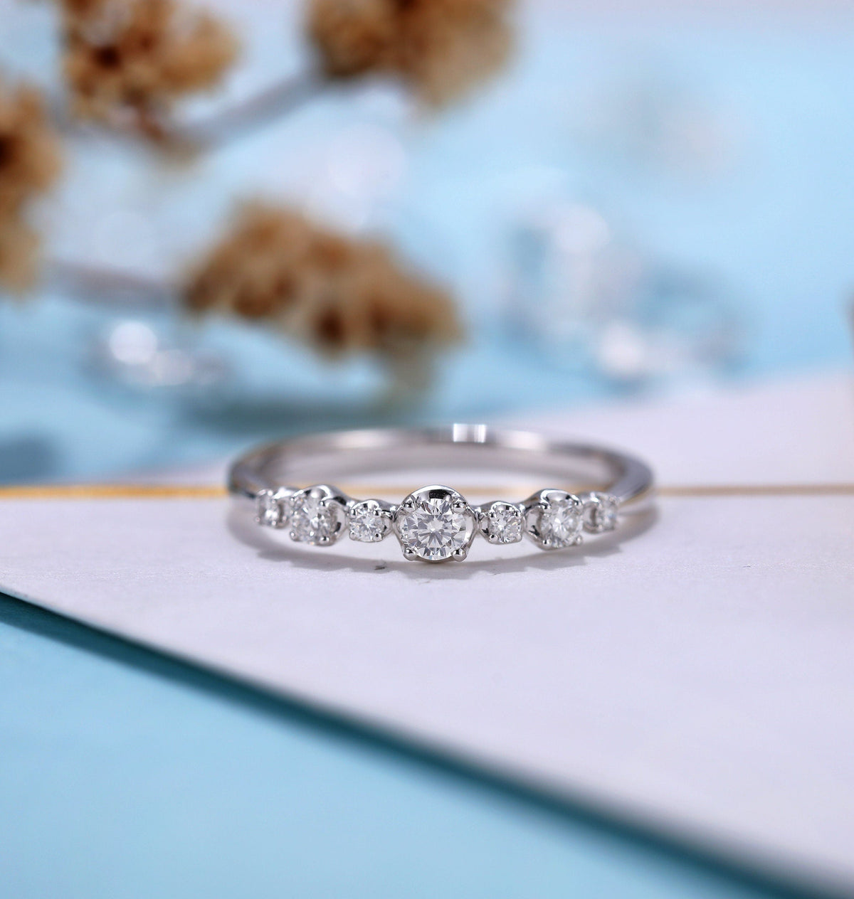 Moissanite Engagement Ring women | Delicate white gold wedding ring | Unique bridal jewelry | Vintage Promise ring Anniversary gift for her
