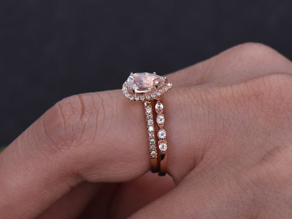 Vintage Pear Rainbow Moonstone Ring Set, 14K Rose Gold, Diamond Wedding Band