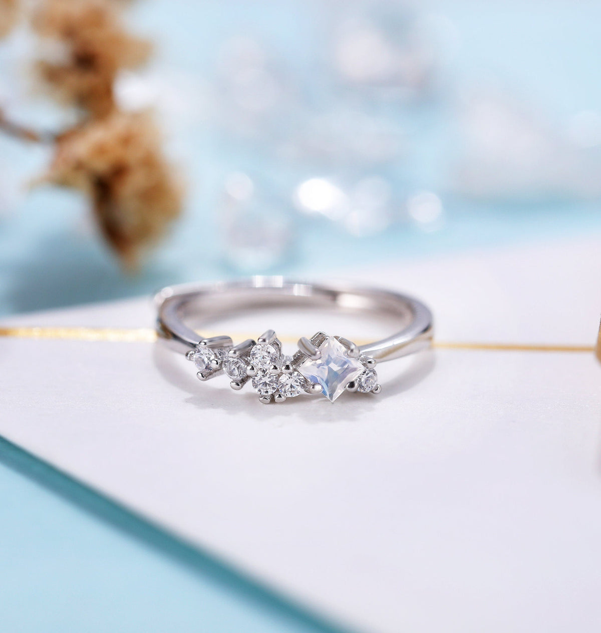 Antique Moonstone engagement ring women | Vintage white gold princess cut ring | Unique cluster Bridal ring | Anniversary gift for her