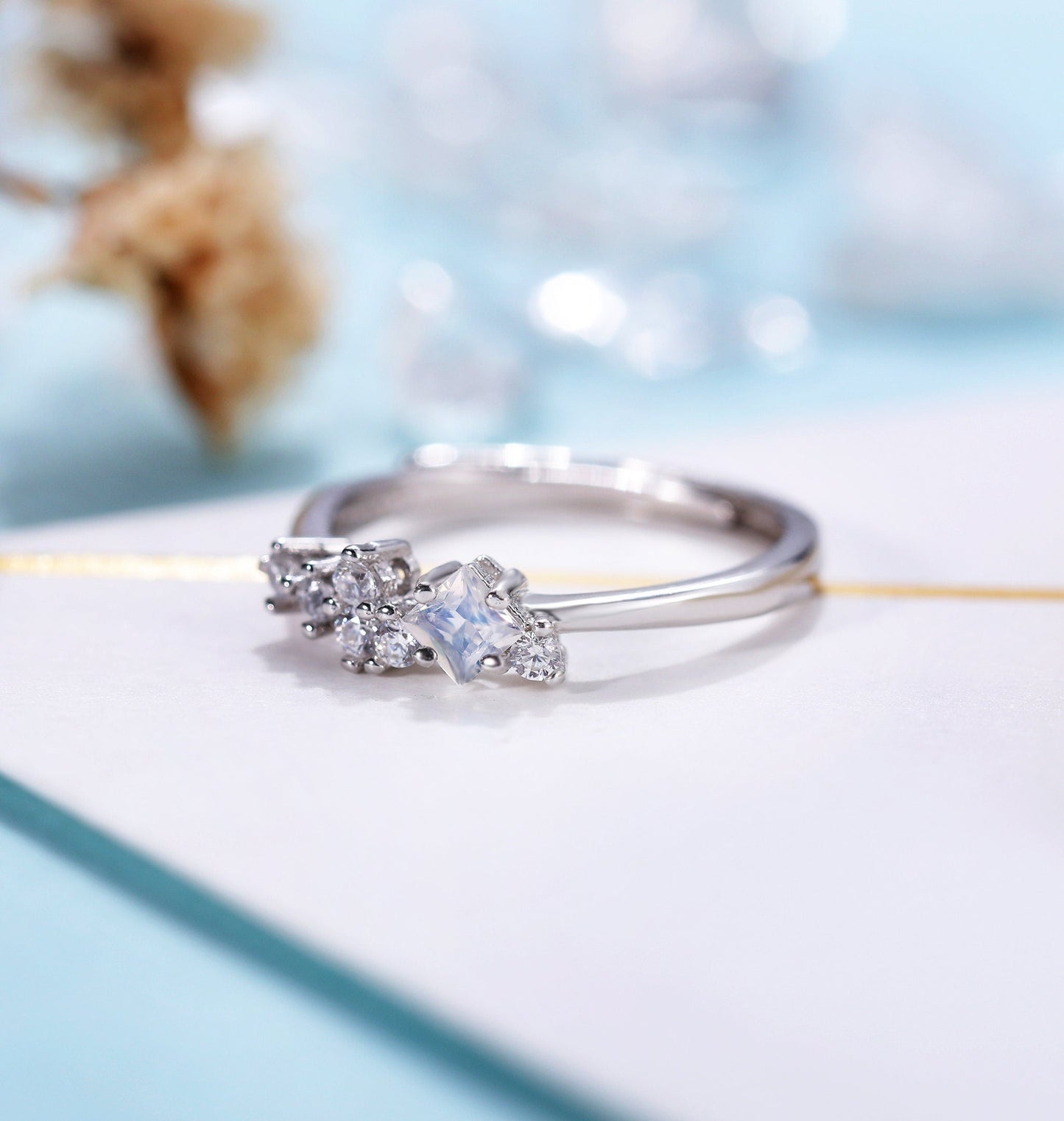 Antique Moonstone engagement ring women | Vintage white gold princess cut ring | Unique cluster Bridal ring | Anniversary gift for her