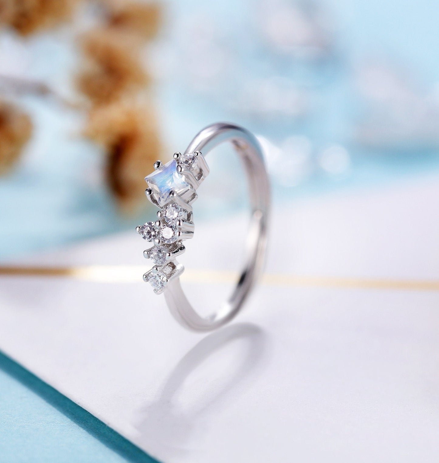Antique Moonstone engagement ring women | Vintage white gold princess cut ring | Unique cluster Bridal ring | Anniversary gift for her
