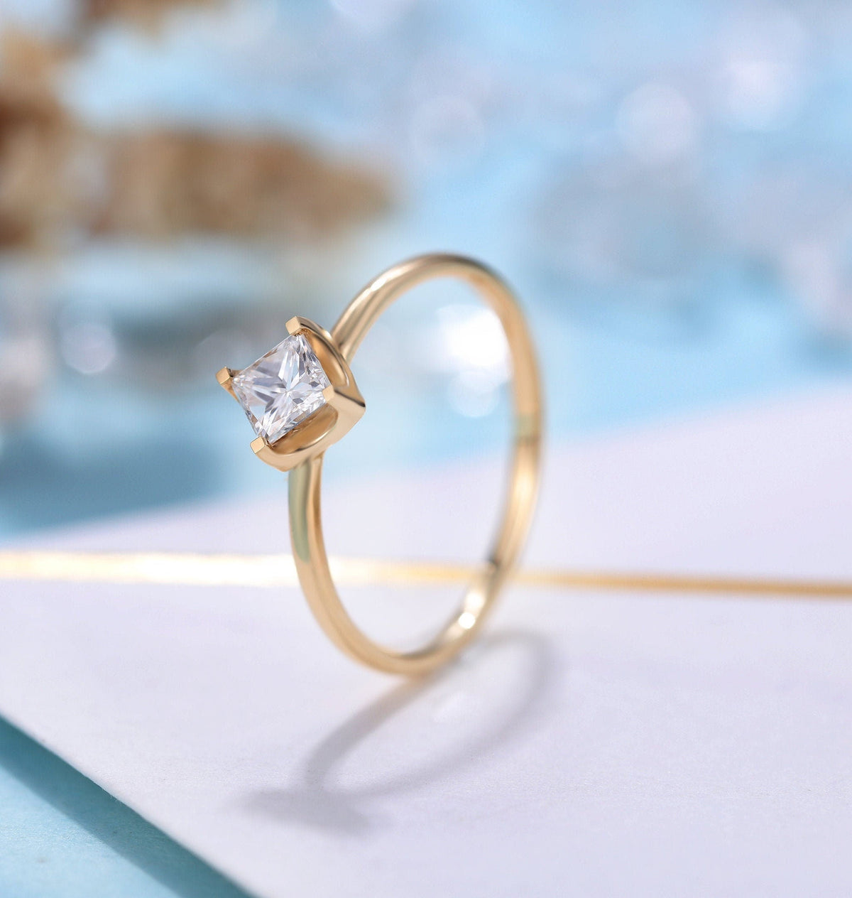 Vintage Diamond Engagement Ring Women | Delicate wedding ring Princess cut Yellow gold | Solitaire Bridal jewelry | Anniversary gift for her