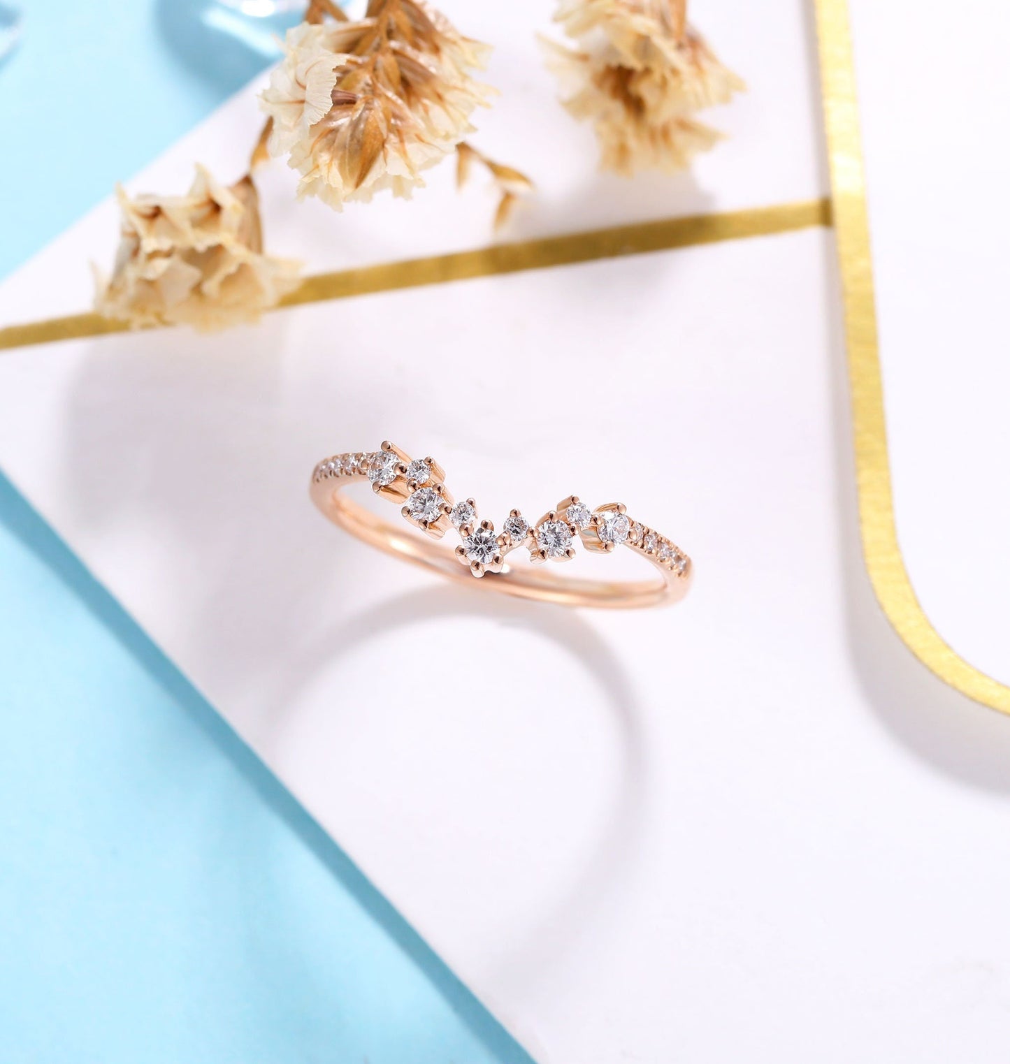 Art deco Moissanite Wedding Band Women | rose gold band | curved half eternity Bridal Jewelry | Vintage promise Anniversary Gift for her