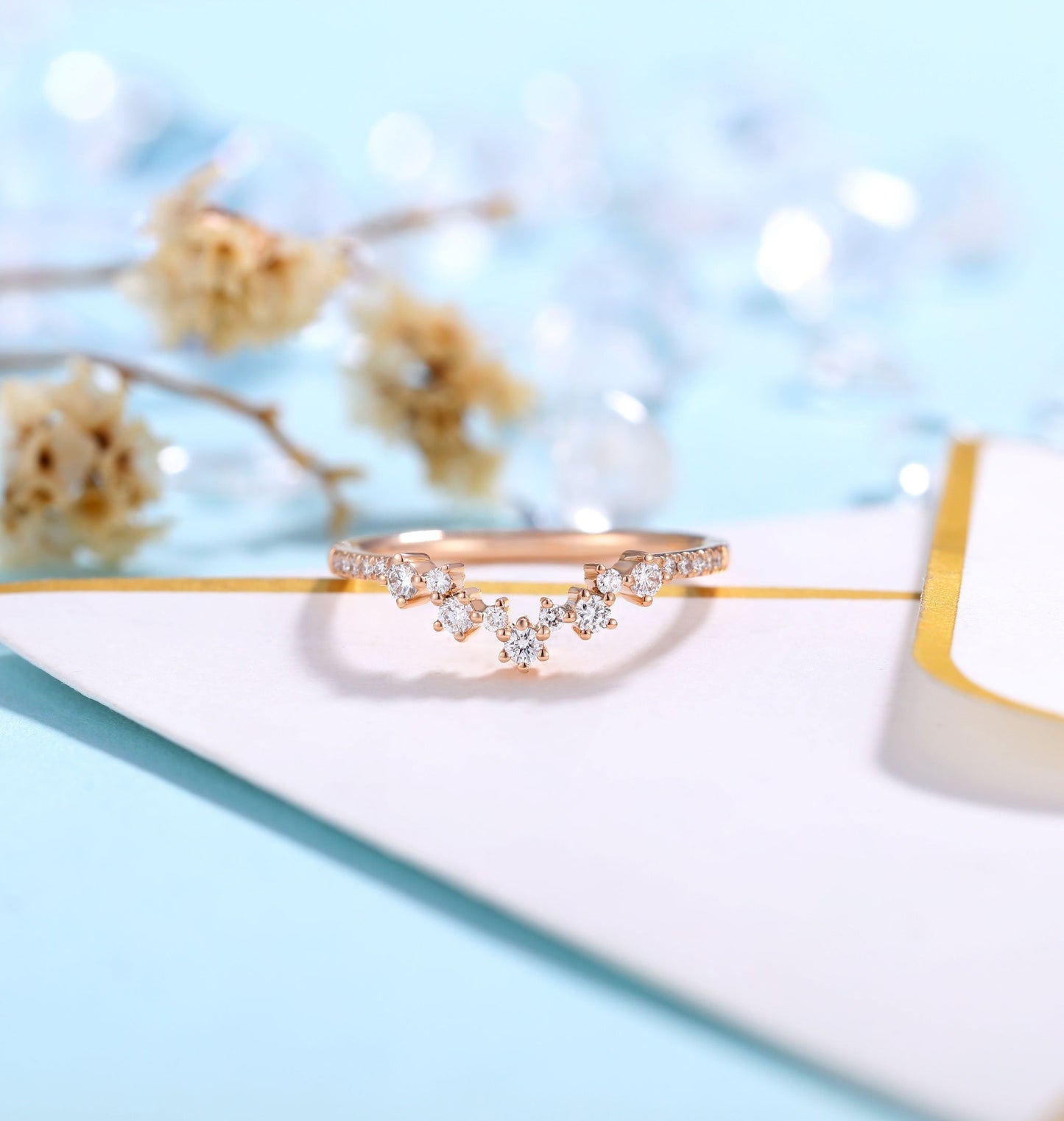 Art deco Moissanite Wedding Band Women | rose gold band | curved half eternity Bridal Jewelry | Vintage promise Anniversary Gift for her