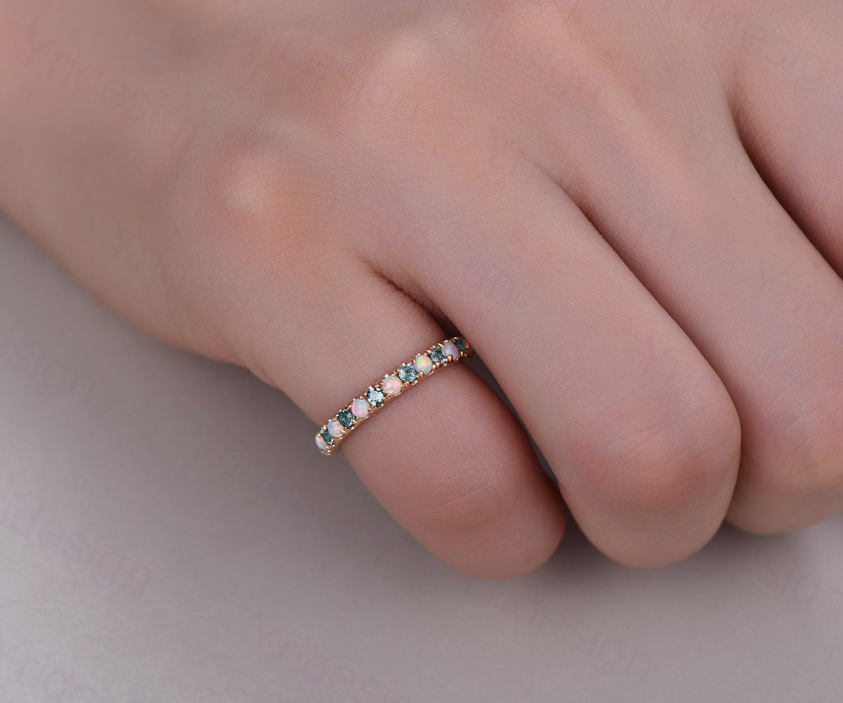 Vintage opal and alexandrite wedding band delicate silver rose gold opal alexandrite stacking band art deco anniversary promise gift