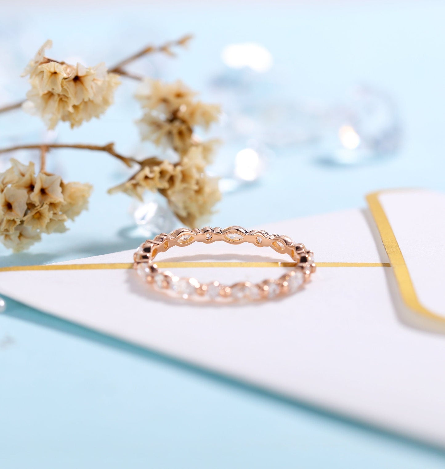 Art deco Moissanite Wedding Band Women | rose gold band | Marquise cut eternity Bridal Jewelry | Vintage promise Anniversary Gift for her