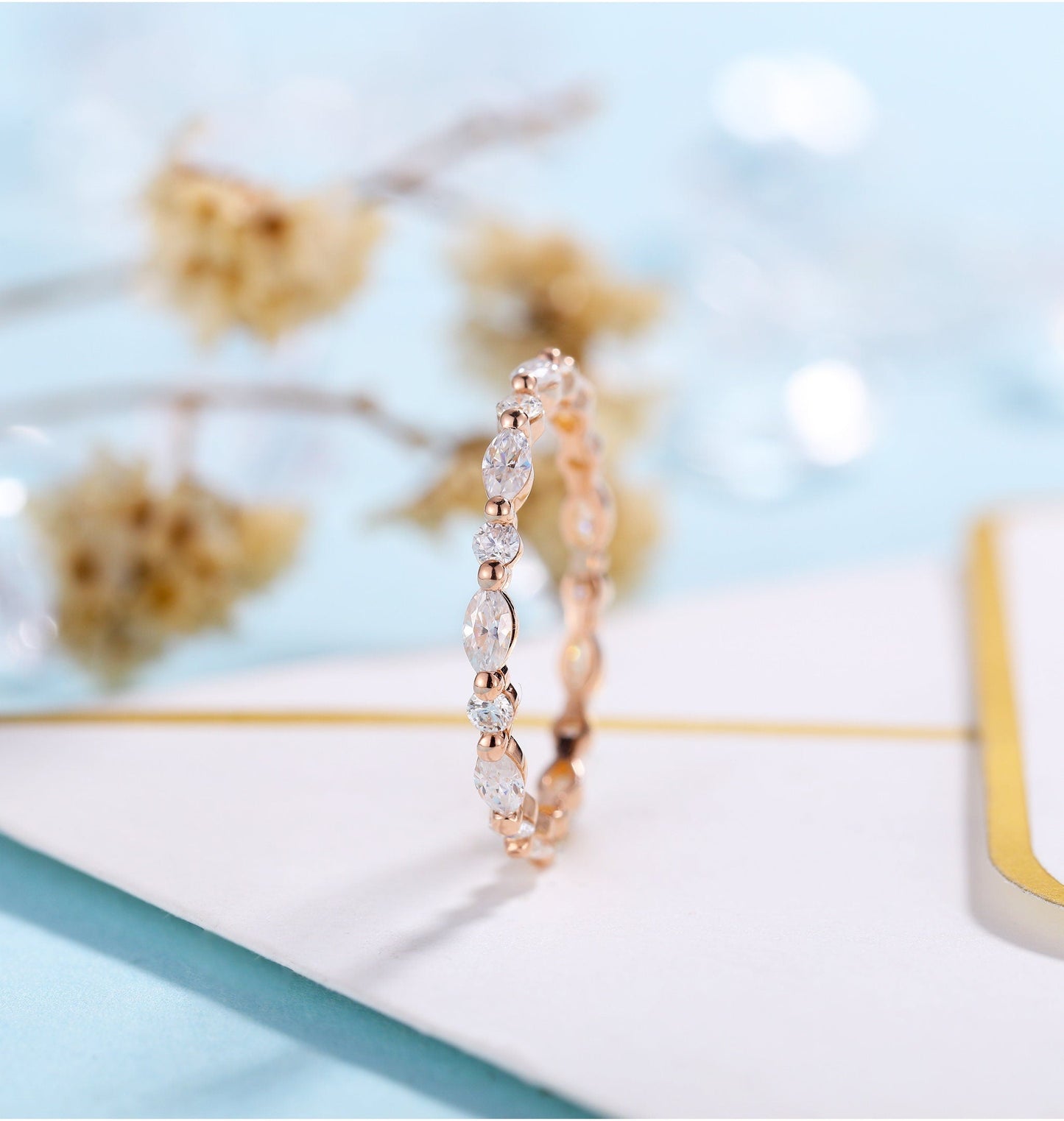 Art deco Moissanite Wedding Band Women | rose gold band | Marquise cut eternity Bridal Jewelry | Vintage promise Anniversary Gift for her