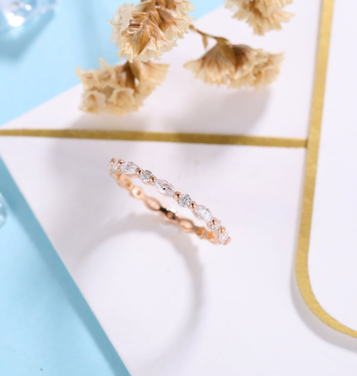 Art deco Moissanite Wedding Band Women | rose gold band | Marquise cut eternity Bridal Jewelry | Vintage promise Anniversary Gift for her