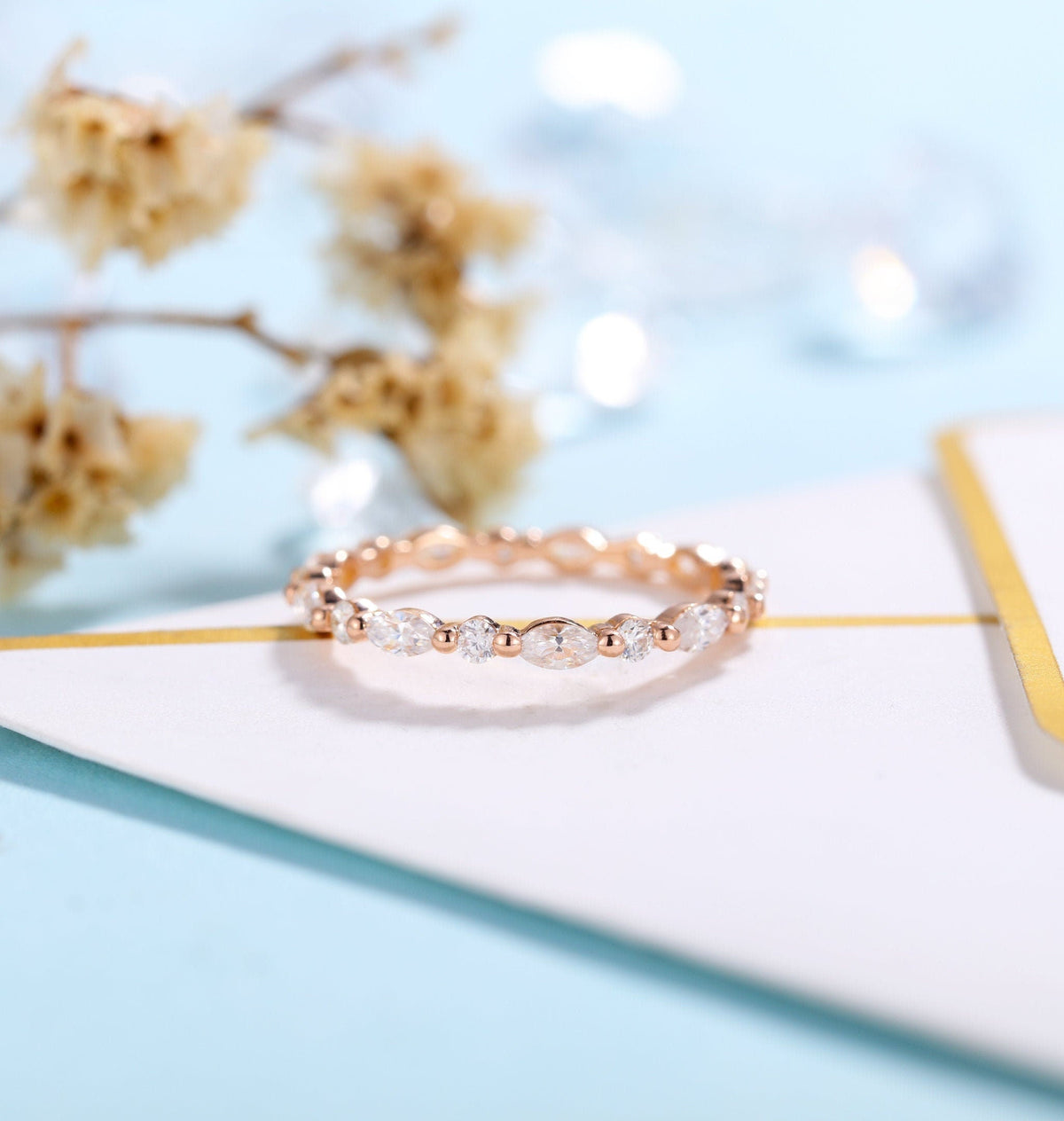 Art deco Moissanite Wedding Band Women | rose gold band | Marquise cut eternity Bridal Jewelry | Vintage promise Anniversary Gift for her