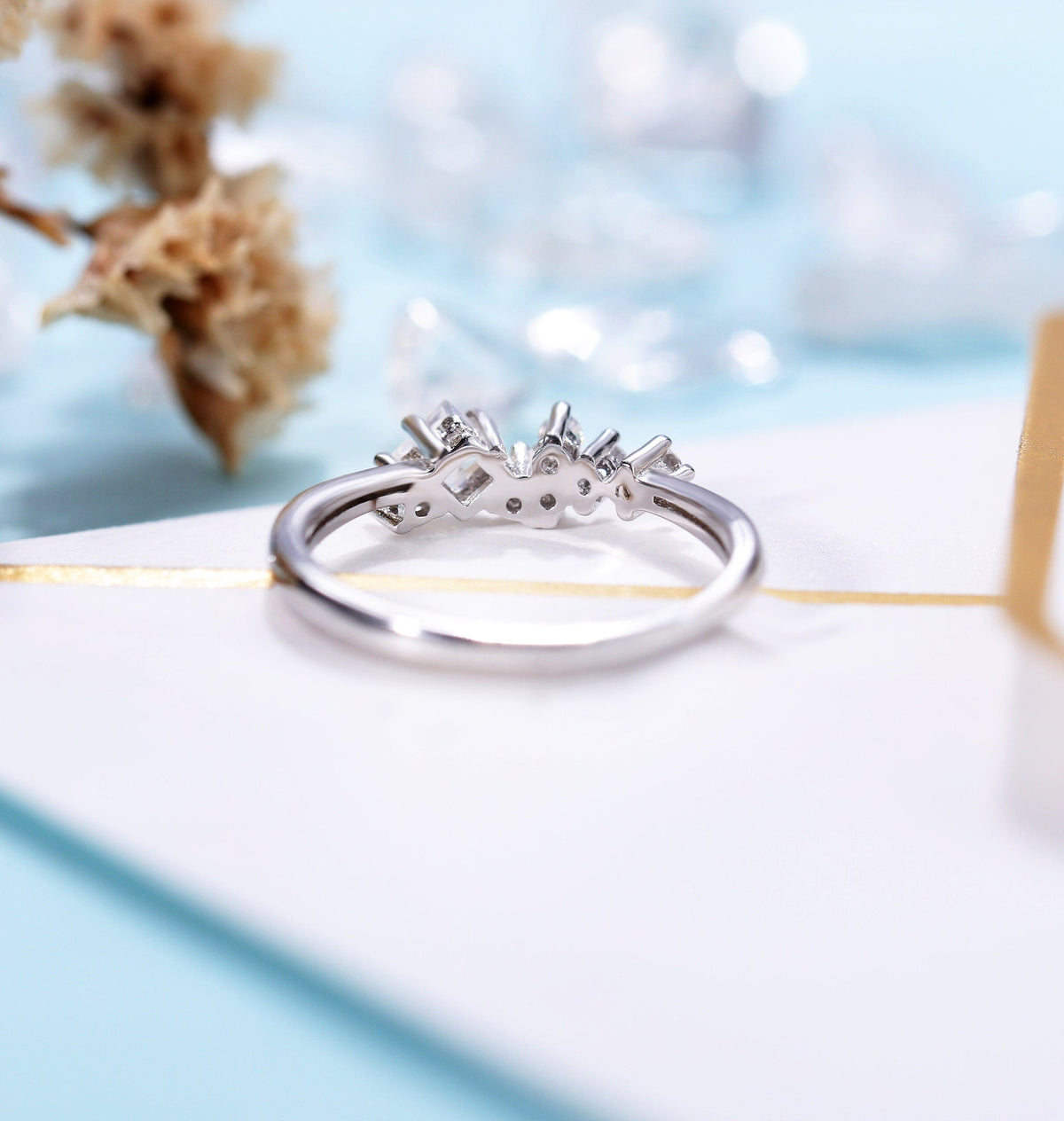 Antique Moonstone engagement ring women | Vintage white gold princess cut ring | Unique cluster Bridal ring | Anniversary gift for her