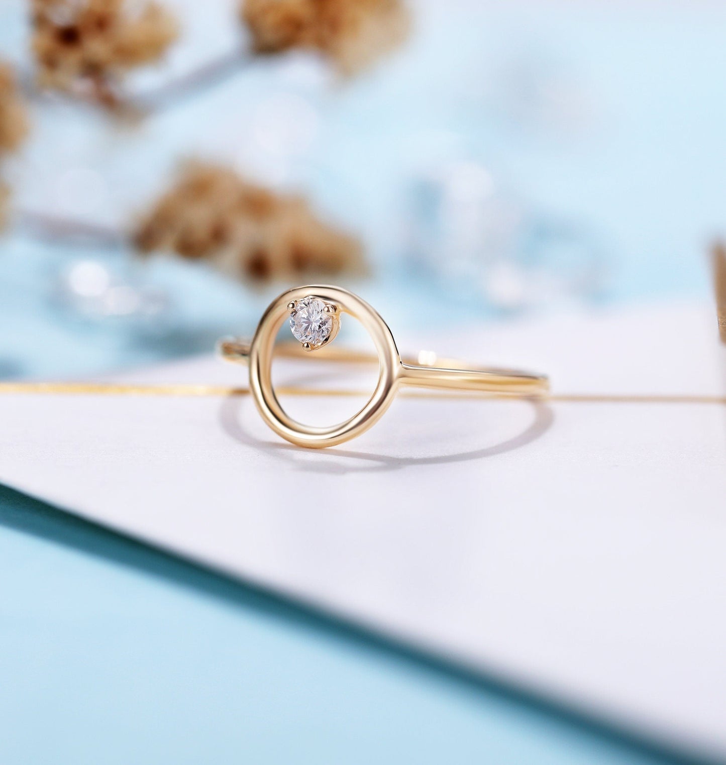 Vintage Diamond Engagement Ring Women | Delicate wedding ring Yellow Gold | Gemstone Solitaire Bridal jewelry | Anniversary gift for her