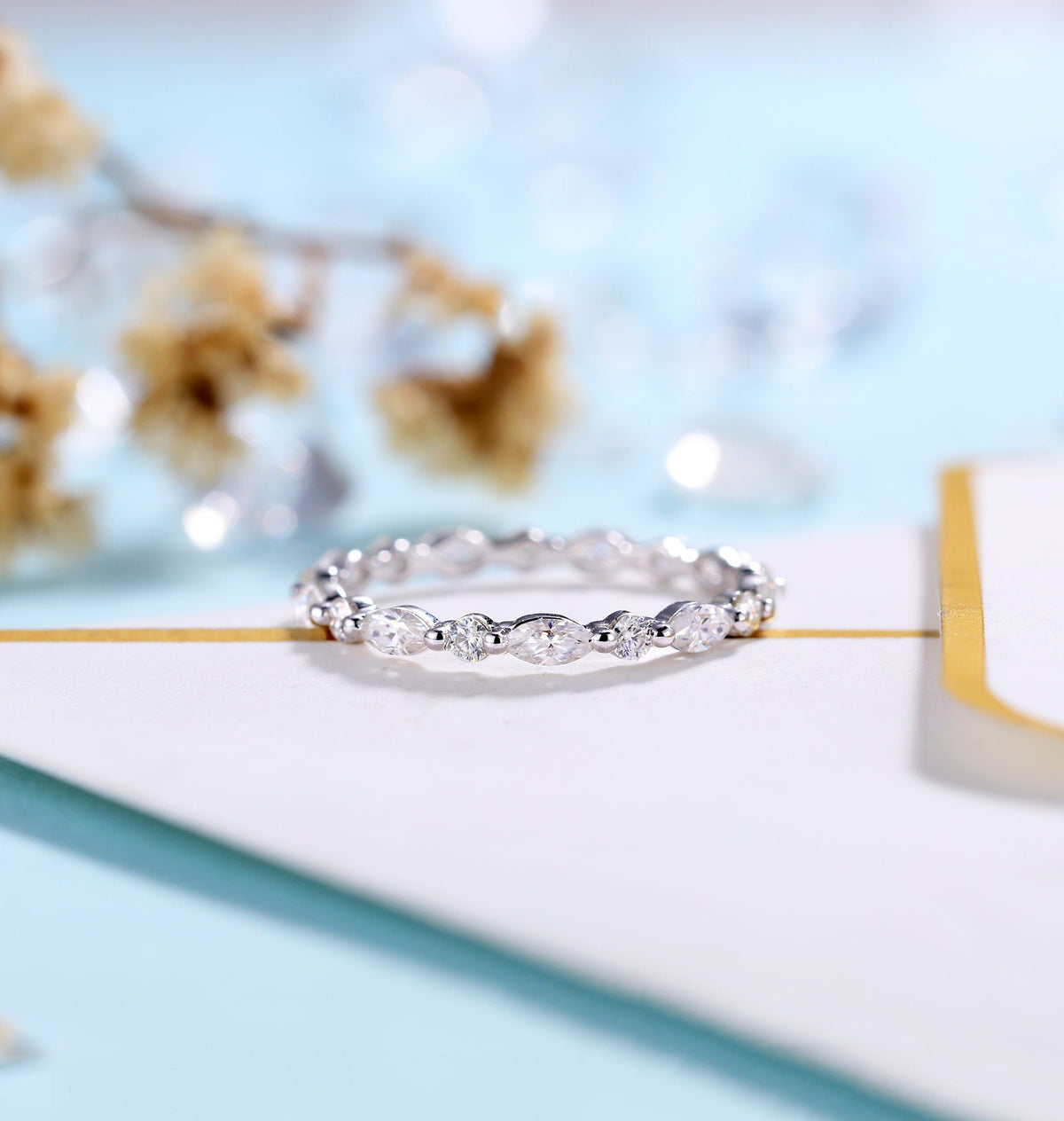 Art deco Moissanite Wedding Band Women | rose gold band | Marquise cut eternity Bridal Jewelry | Vintage promise Anniversary Gift for her