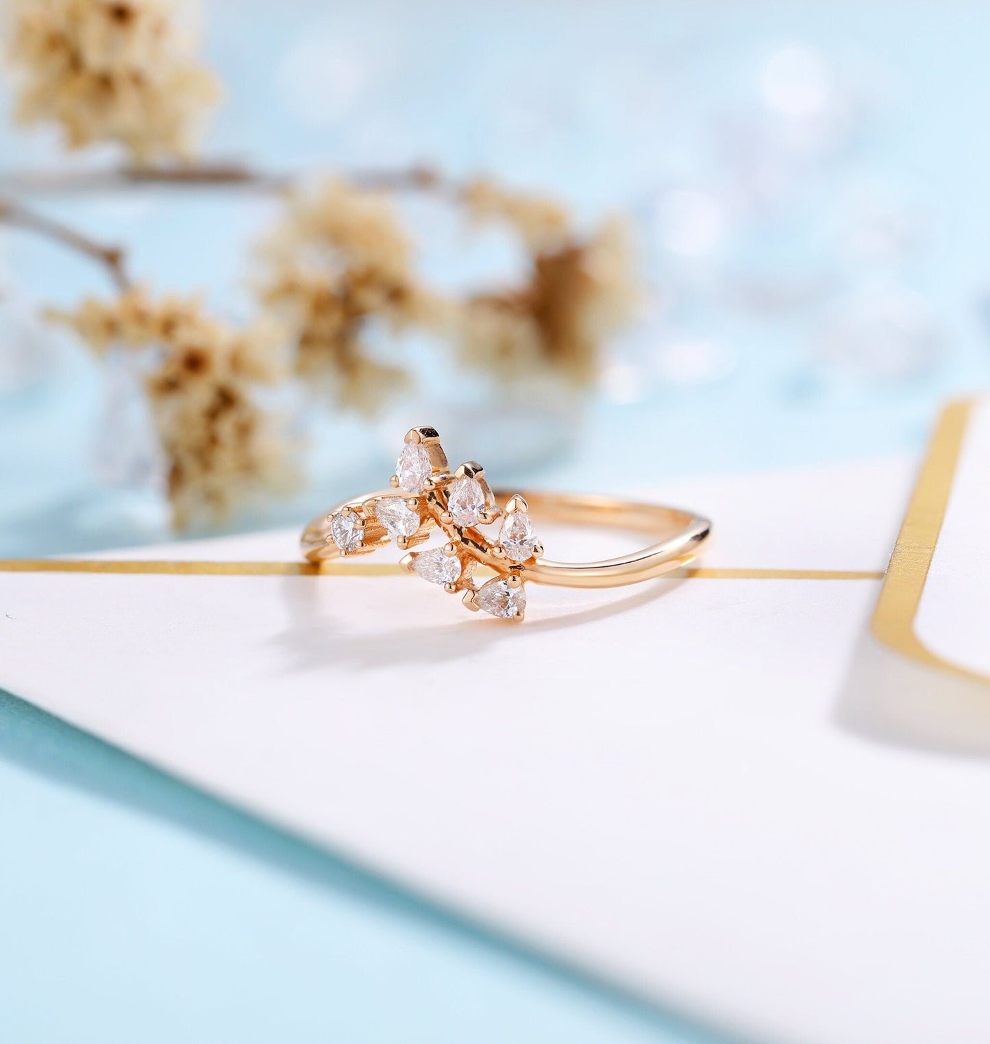 Diamond engagement ring women | rose gold band | vintage pear shaped bridal ring | wedding ring|unique promise ring anniversary gift for her