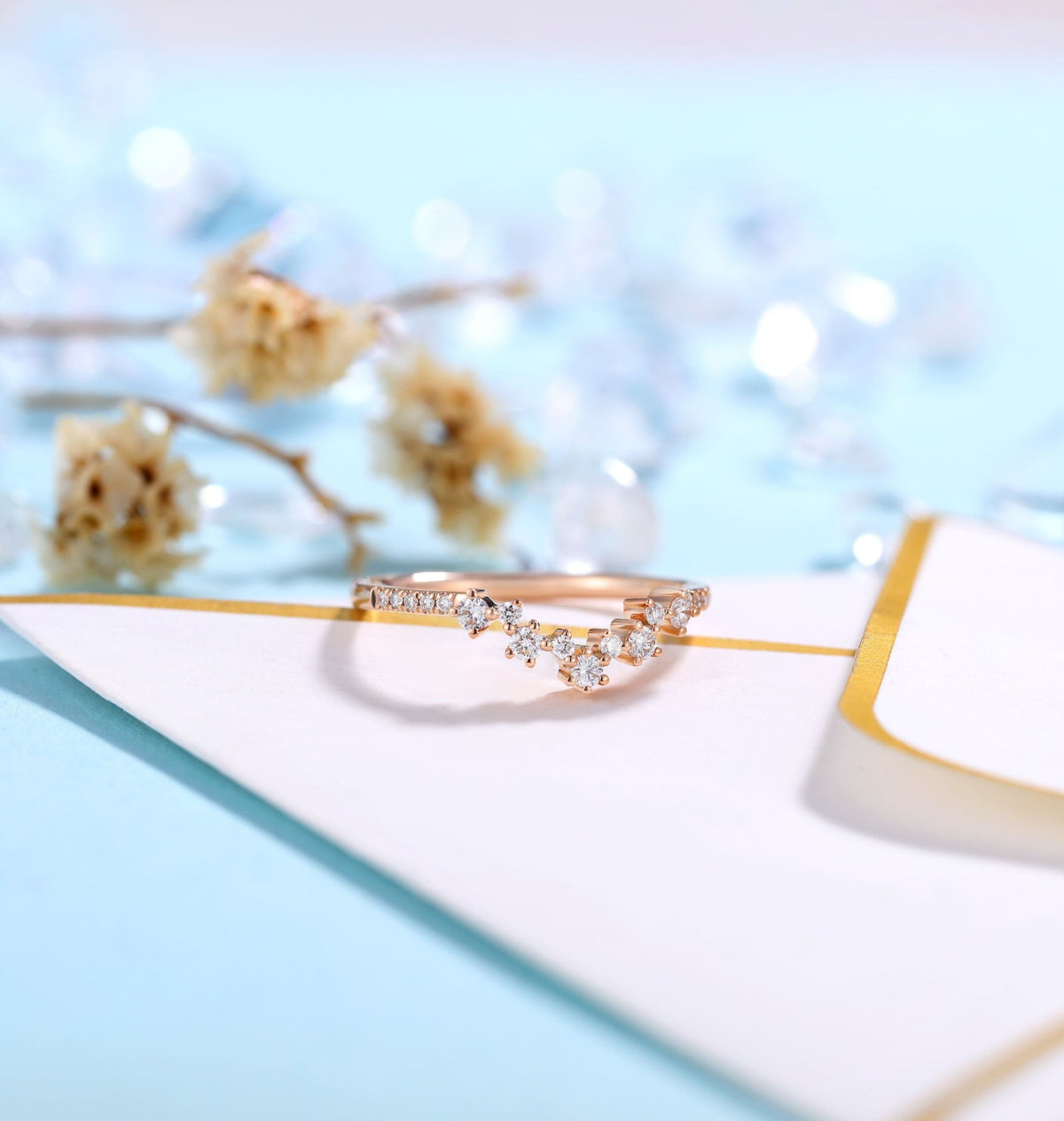 Art deco Moissanite Wedding Band Women | rose gold band | curved half eternity Bridal Jewelry | Vintage promise Anniversary Gift for her