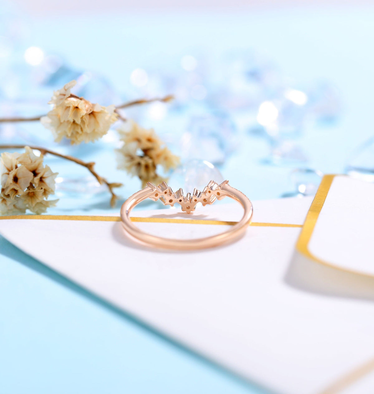 Art deco Moissanite Wedding Band Women | rose gold band | curved half eternity Bridal Jewelry | Vintage promise Anniversary Gift for her