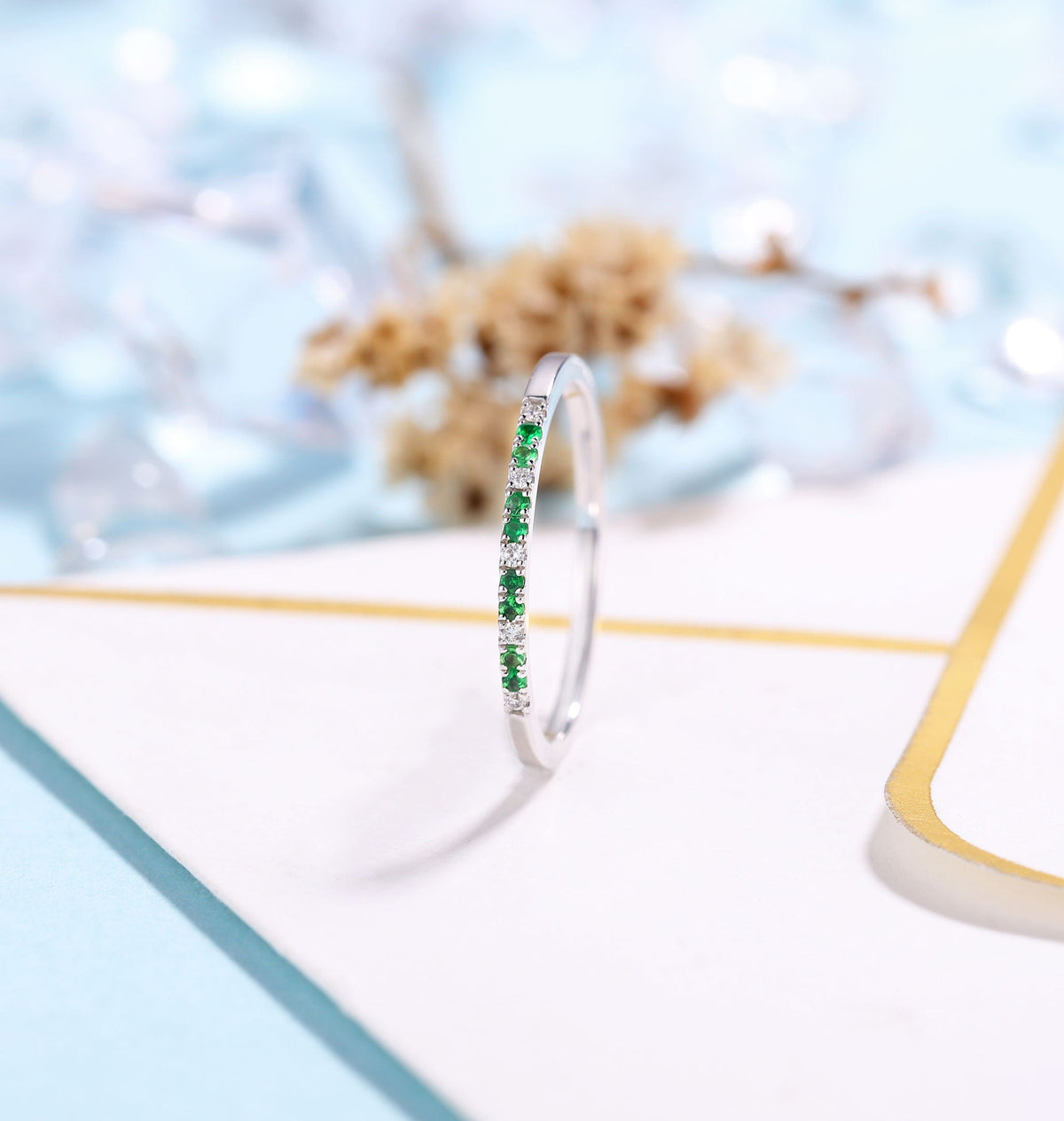 Delicate Wedding Band White Gold Women | Vintage Diamond wedding ring Stacking Emerald jewelry |Unique Promise Ring Anniversary Gift for her