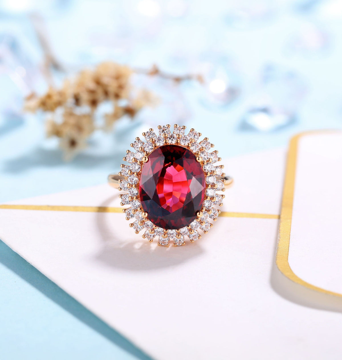 Garnet Engagement Ring Women Rose Gold | Antique oval cut Bridal Jewelry | Delicate Halo Moissanite Ring | Vintage Anniversary Gift for Her