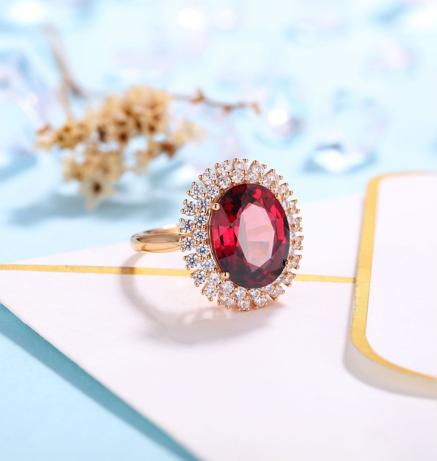 Garnet Engagement Ring Women Rose Gold | Antique oval cut Bridal Jewelry | Delicate Halo Moissanite Ring | Vintage Anniversary Gift for Her