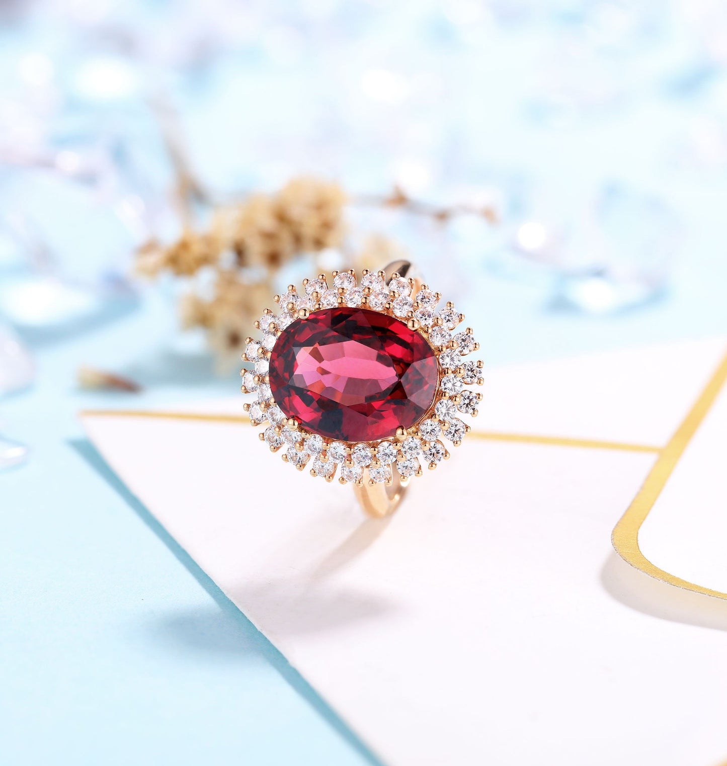 Garnet Engagement Ring Women Rose Gold | Antique oval cut Bridal Jewelry | Delicate Halo Moissanite Ring | Vintage Anniversary Gift for Her