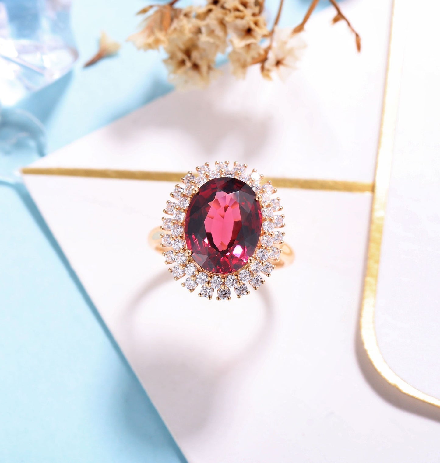 Garnet Engagement Ring Women Rose Gold | Antique oval cut Bridal Jewelry | Delicate Halo Moissanite Ring | Vintage Anniversary Gift for Her